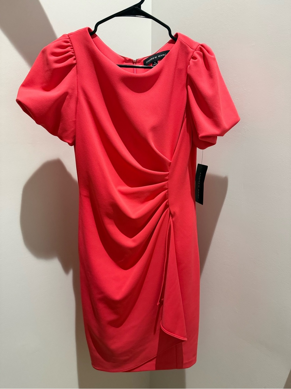 Andrew Marc Coral Pink Draped Puff Sleeve Mini Dress